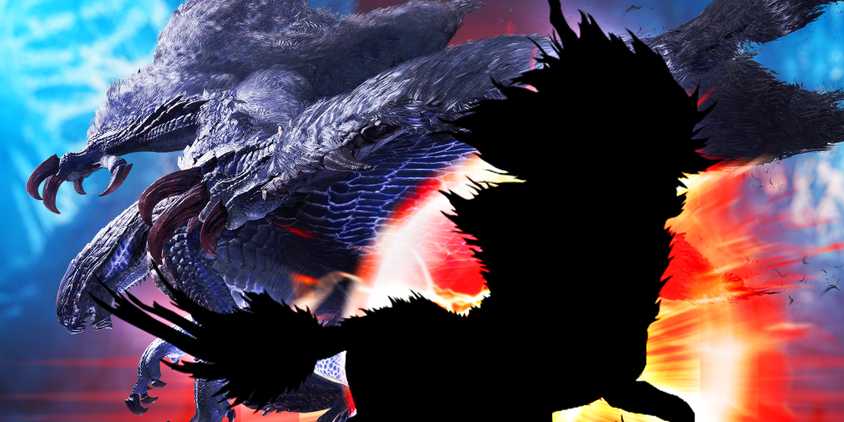 Monster Hunter Wilds The Gore Magala and a silhouette of the Kirin