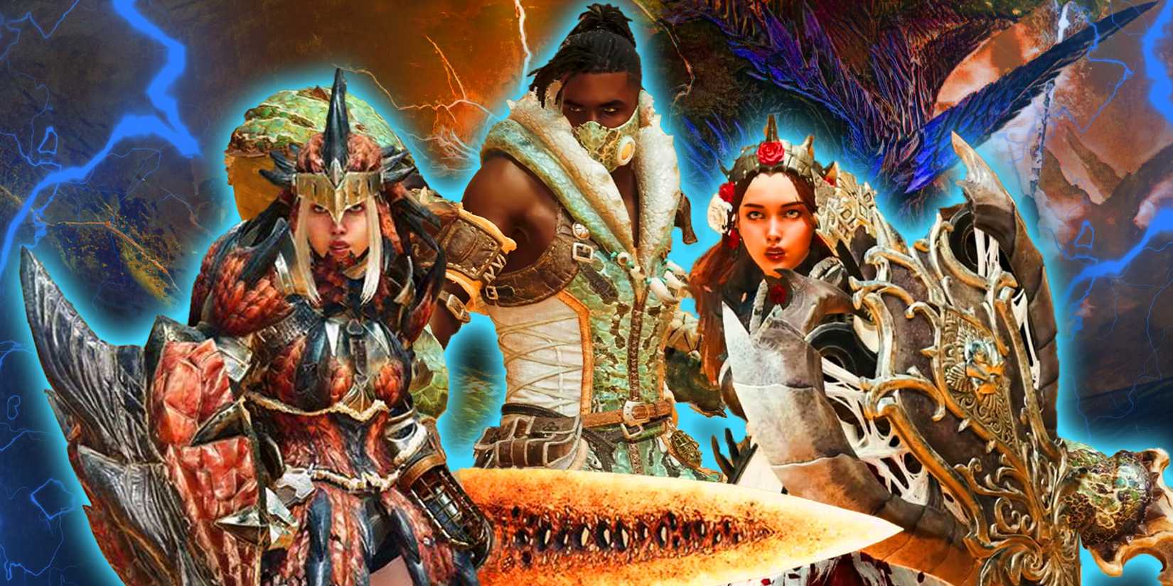 Monster hunter wilds three hunters wearing different armor sets.