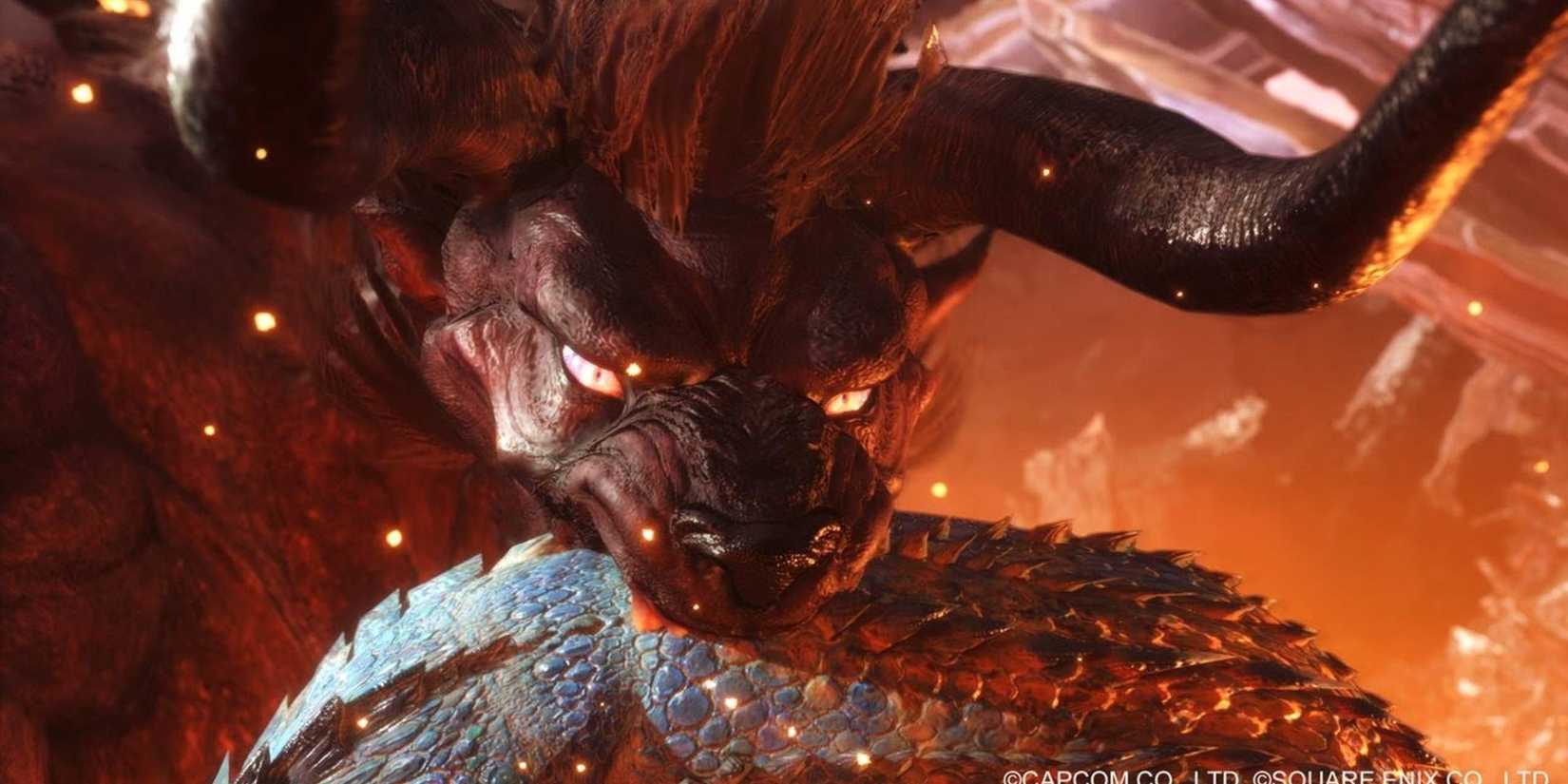 Monster Hunter World's Behemoth holds a prey in its mouth among the flames.