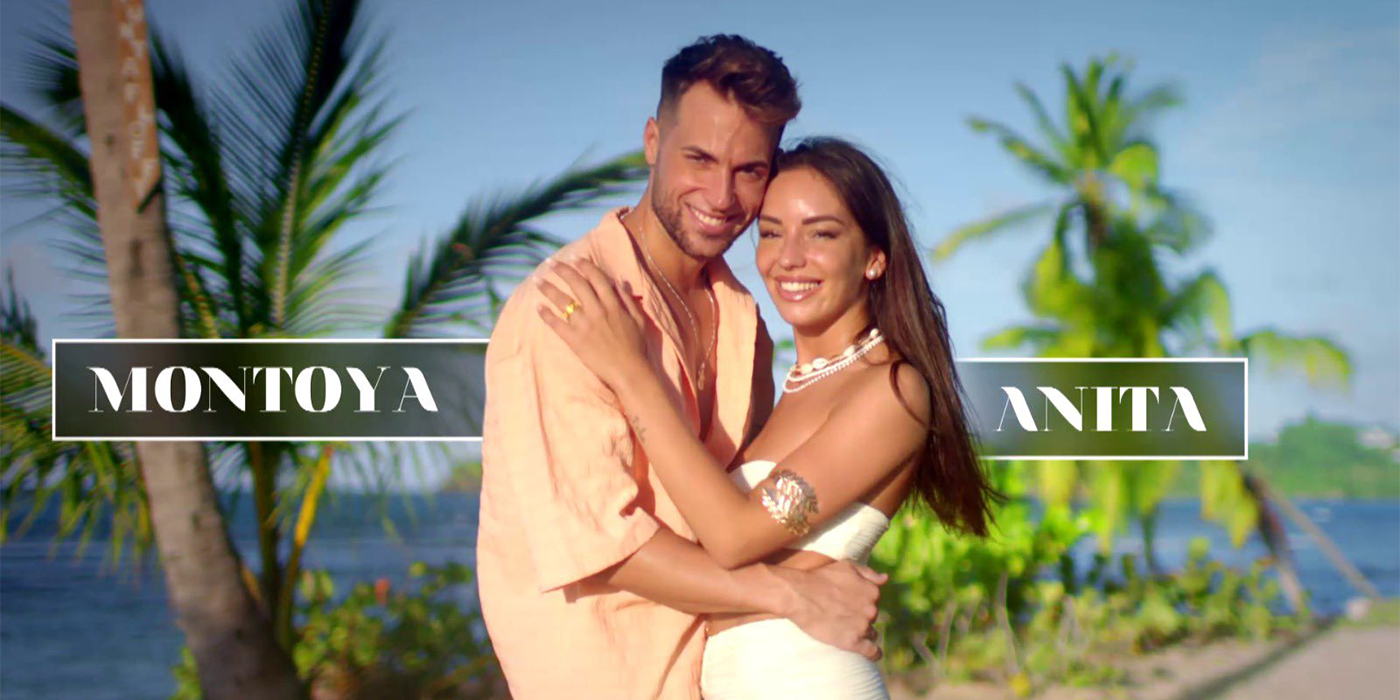 Key art of José Carlos Montoya and Anita Williams on Spanish Temptation Island, the couple smiling in front of a tropical beach.