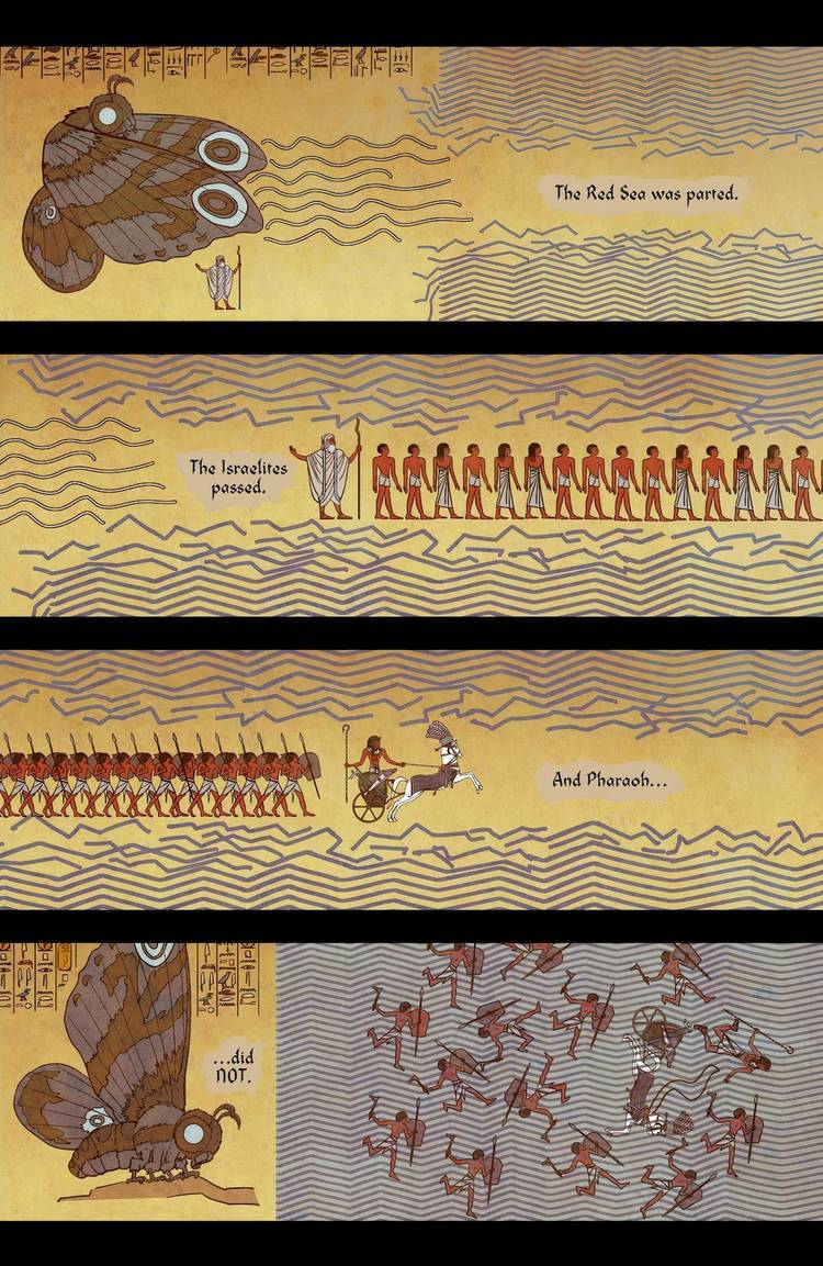 Four panels of Mothra parting the Red Sea for Moses