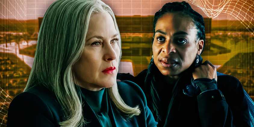 Patricia Arquette scowling as Ms. Cobel and Karen Aldridge as Reghabi above a background showcasing Lumon's main office in Severance (2022-)