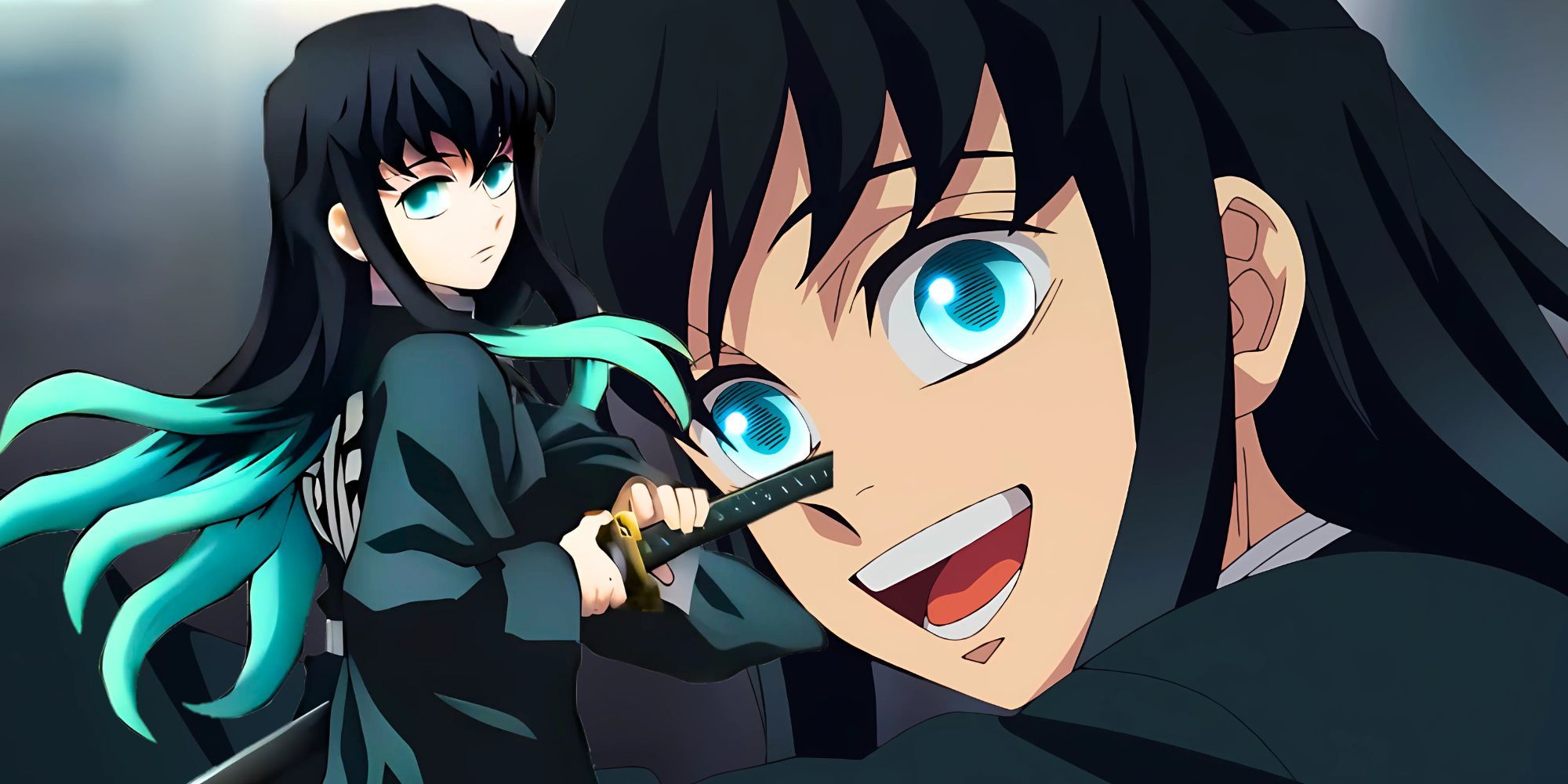 Muichiro Tokito smiling and holding his sword edited in one photo