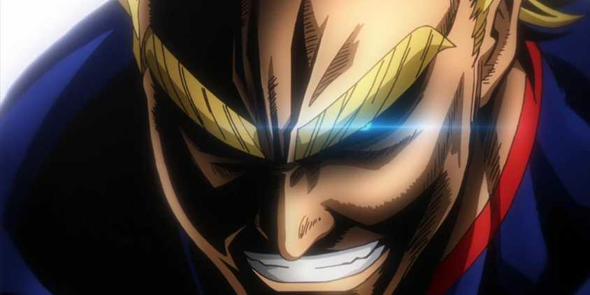 A closeup of All Might's face in hero form.