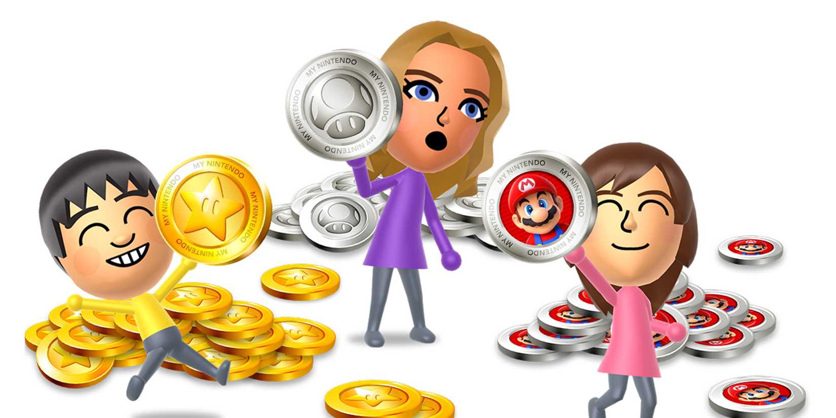 Promo image for the My Nintendo rewards program, depicting three Miis, each with their own type of My Nintendo currency. The Mii to the left holds a gold coin, the Mii in the center holds a Platinum coin, and the Mii to the right holds a Super Mario Run themed coin.