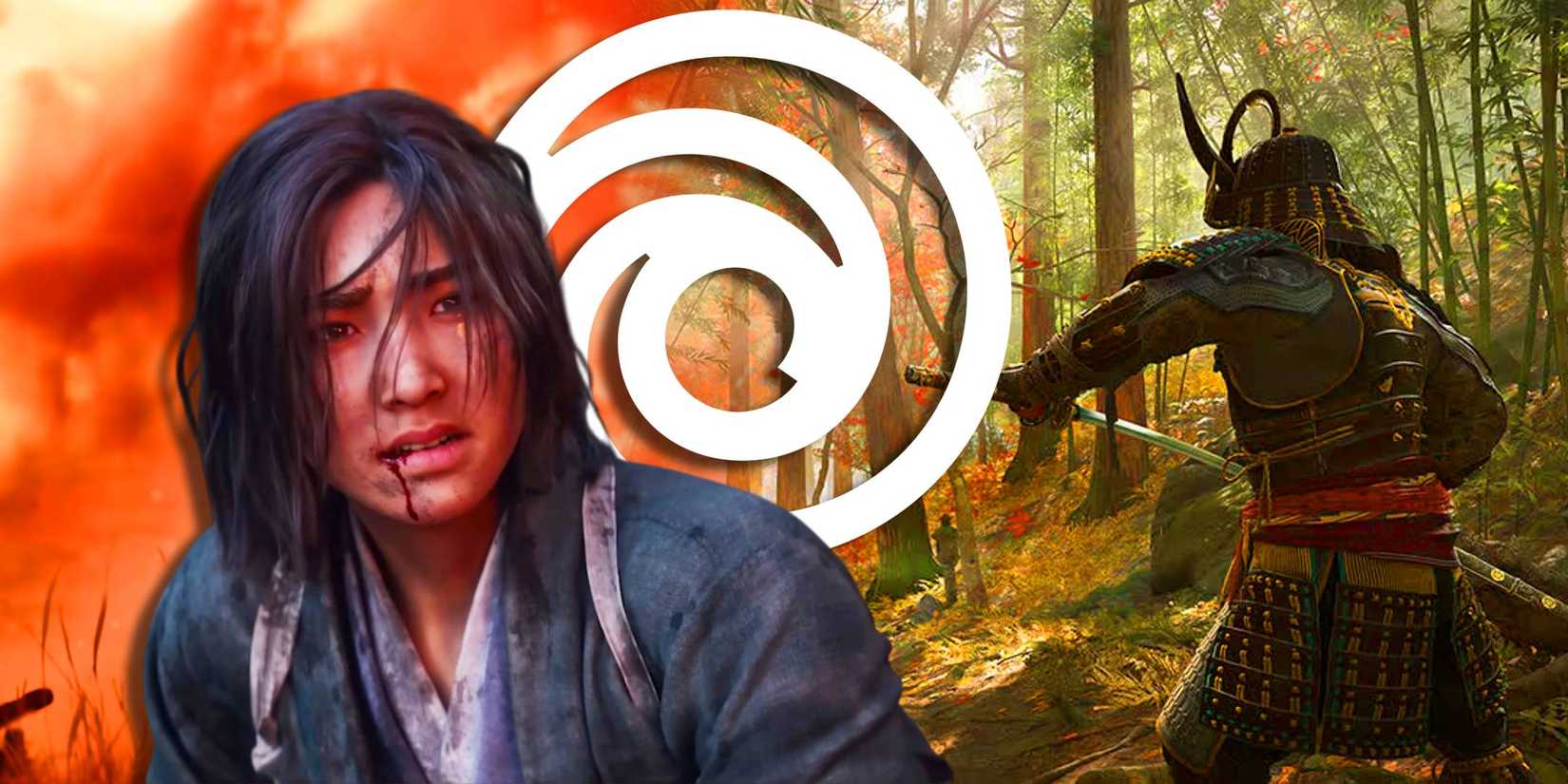 Naoe looking distraught next to the Ubisoft logo and gameplay from Assassin's Creed Shadows.