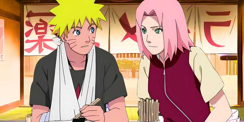 Naruto eating ramen with his right arm broken while Sakura is looking at him 