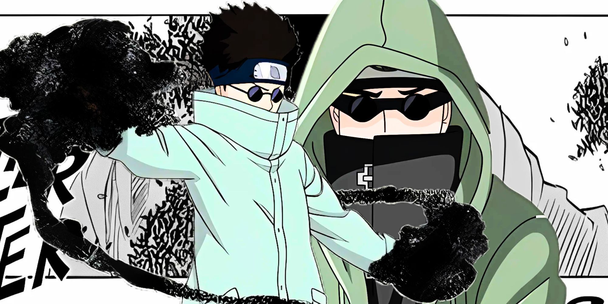 Naruto manga page as a background featuring Shino using his jutsu and during his look in Naruto Shippuden