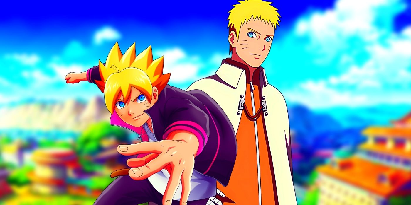 Naruto smiling at Boruto, while his son prepares to fight. Behind them, the Village of Konoha can be seen.