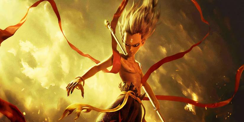 A character posing in battle in Ne Zha 2
