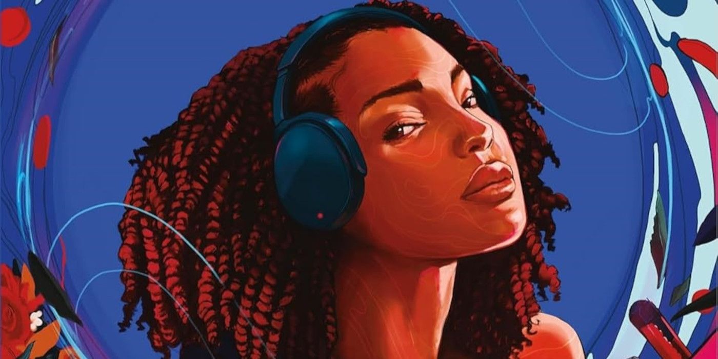 Cover of little things in need with a black girl using headphones and a blue background