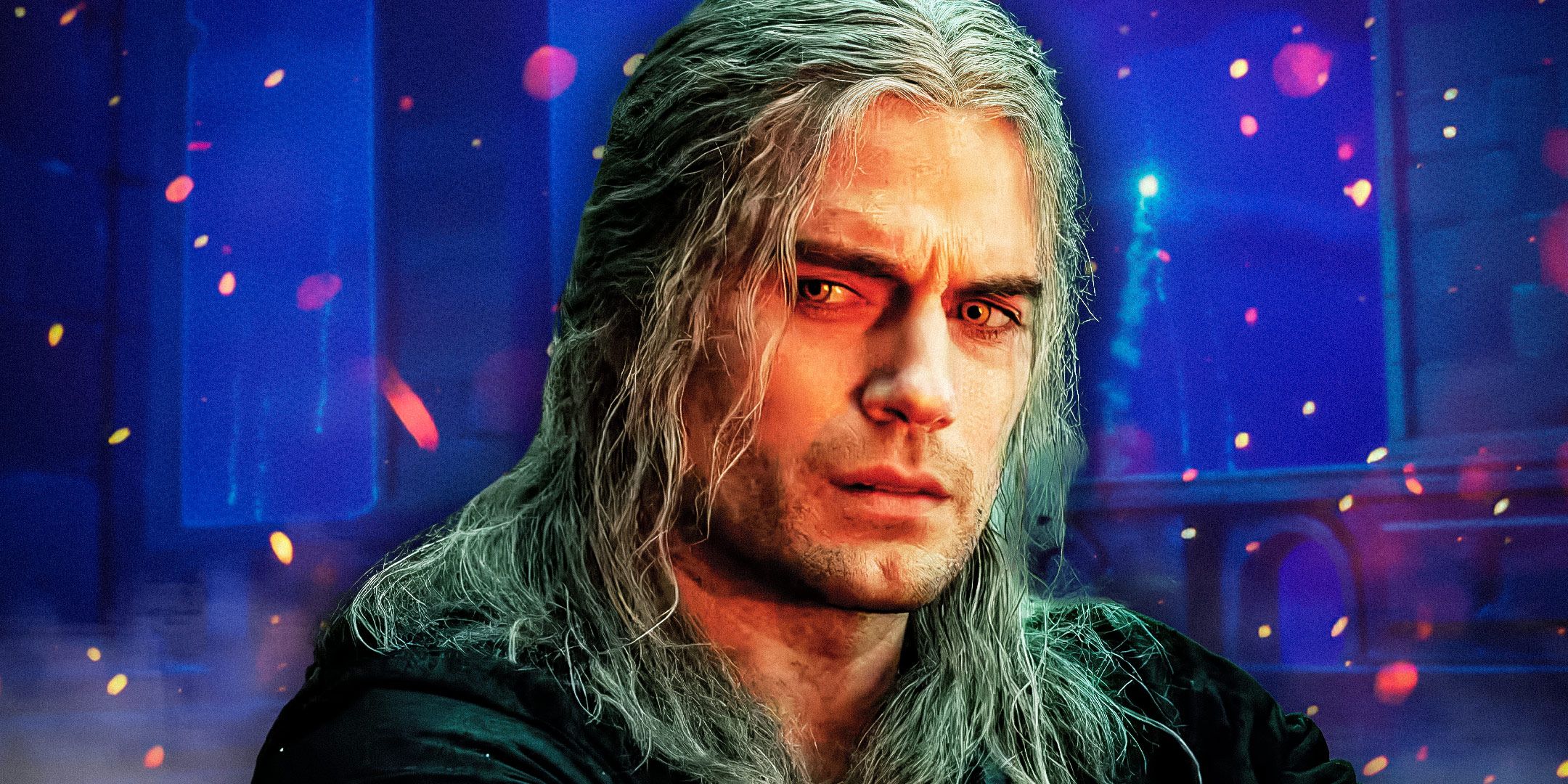 Henry Cavill looking annoyed as Geralt of Rivia in The Witcher and a blue background