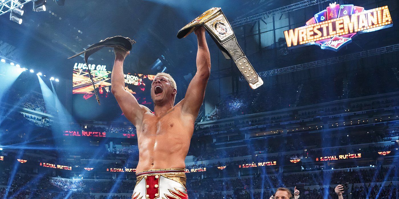 Cody Rhodes celebrates after defeating Kevin Owens in a Ladder Match at the 2025 Royal Rumble event.