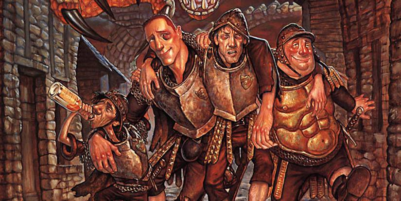Corporal Carrot and the Night Watch ambling down Sweetheart Lane in Discworld - Guards! Guards!