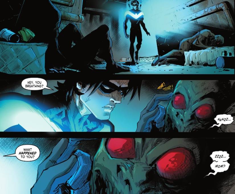 Nightwing walks around with his glowing costume and inspects the Fly Boiz mutants to see if they're breathing