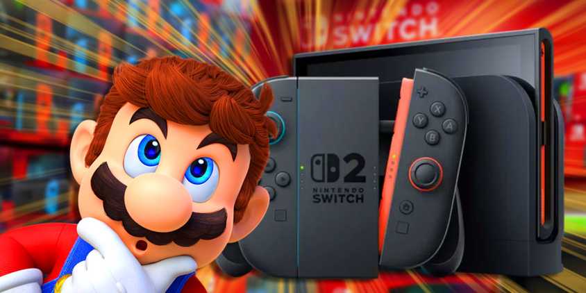 Mario looking confused next to a Nintendo Switch 2.