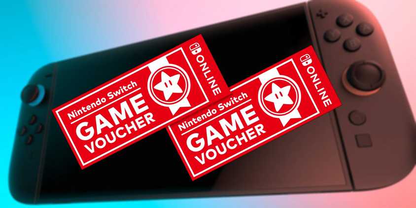 Nintendo Switch Game Vouchers with a blurred image of the Switch 2 in the background.