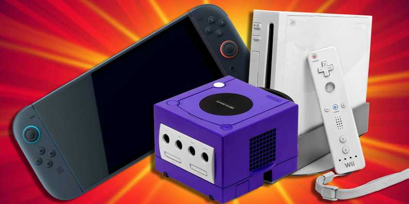 The Nintendo Switch 2 next to the Game Cube and Nintendo Wii with a glowing background.