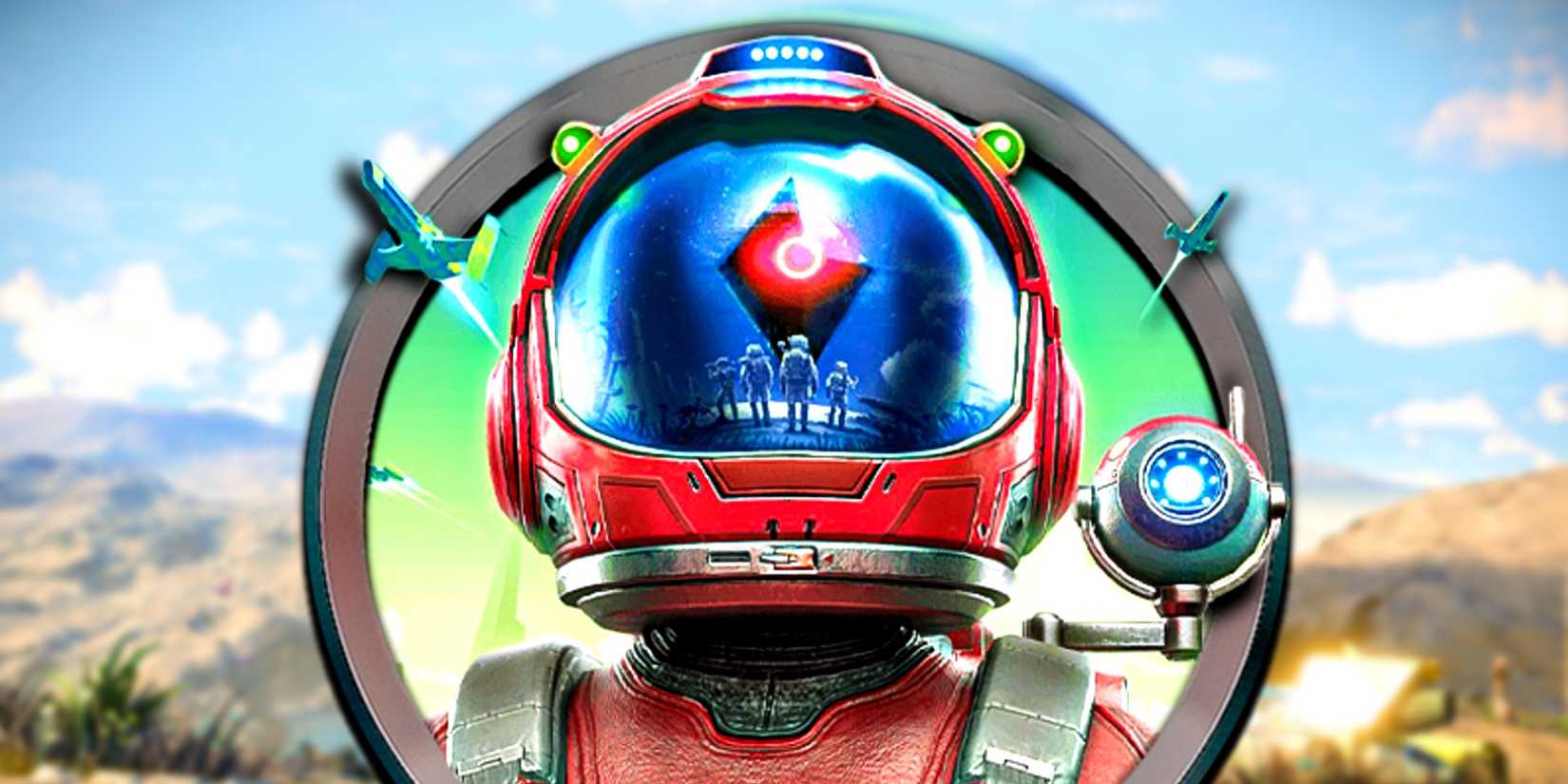 No Man's Sky character wearing space suit in a circle