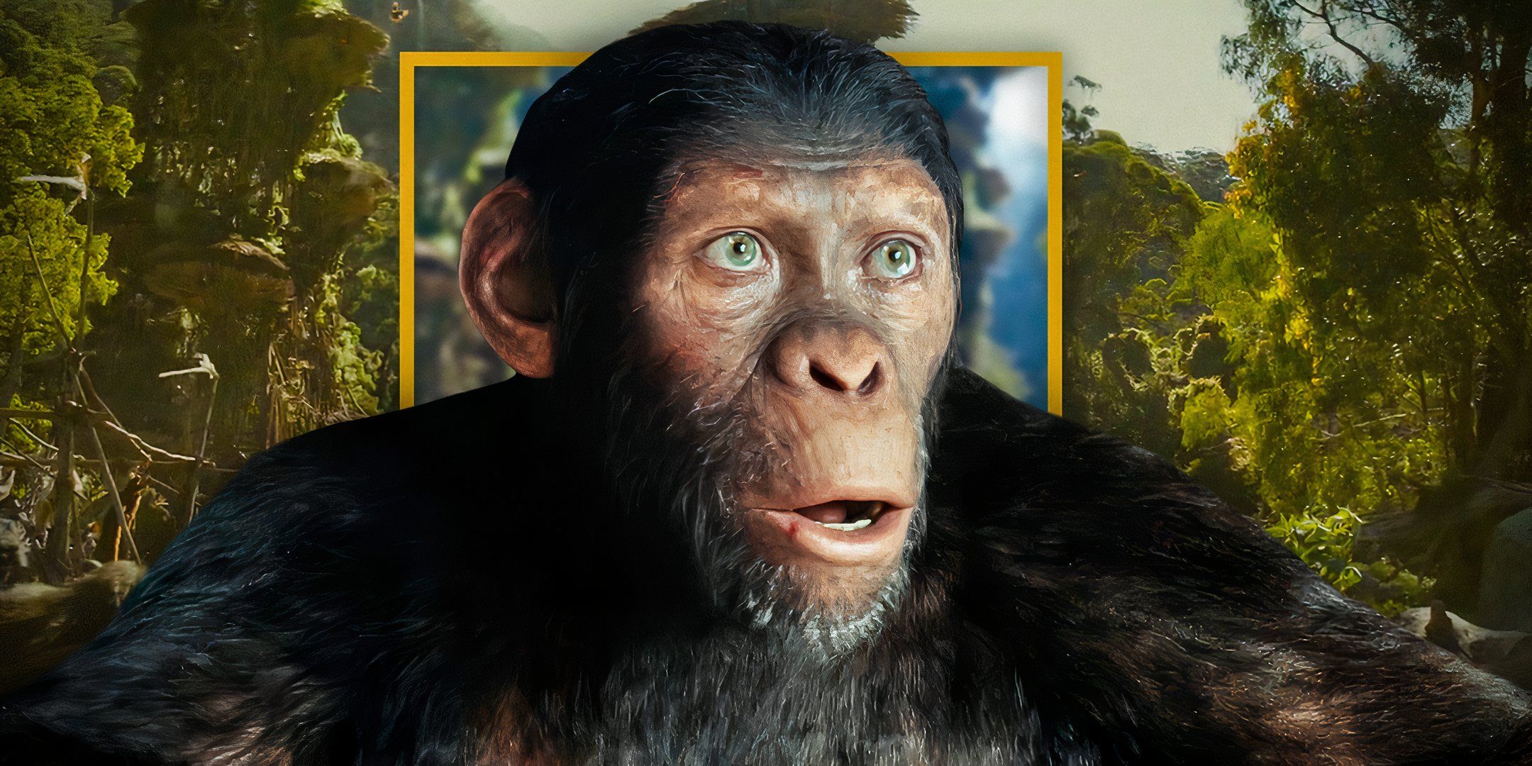 Noa looking surprised against backdrop of Eagle Clan home in Kingdom of the Planet of the Apes Interview header