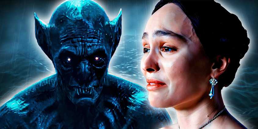 An edited image of Lily-Rose Depp as Ellen in Nosferatu and Dracula in The Last Voyage of the Demeter with a stormy sea background.