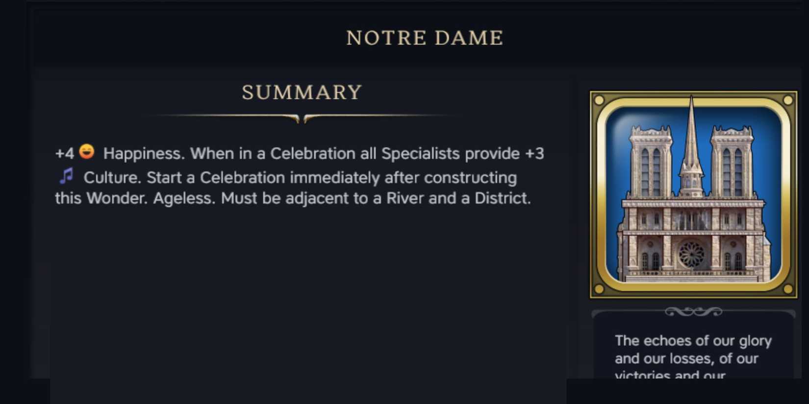 Notre Dame summary from Civ 7
