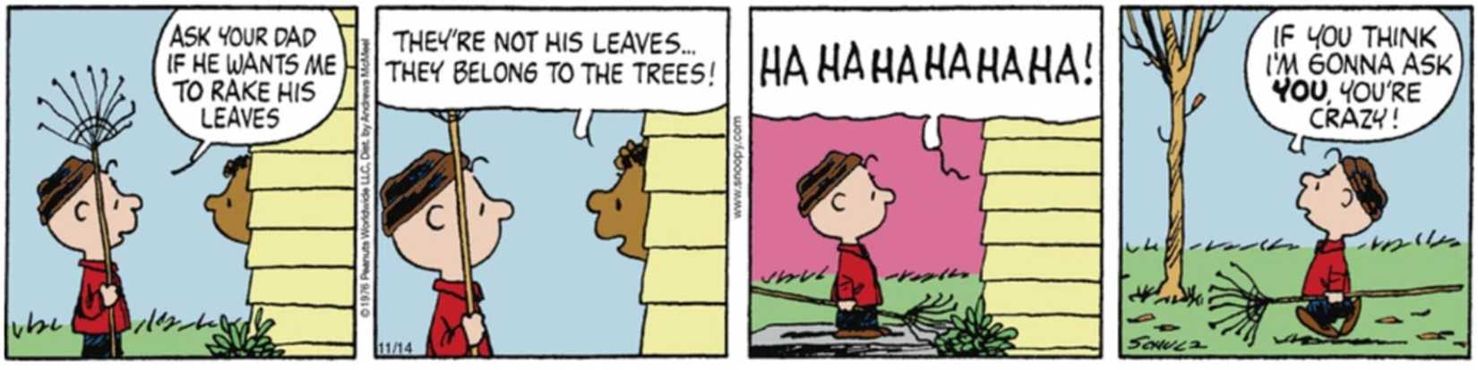Charlie Brown offering to rake Franklin's leaves.