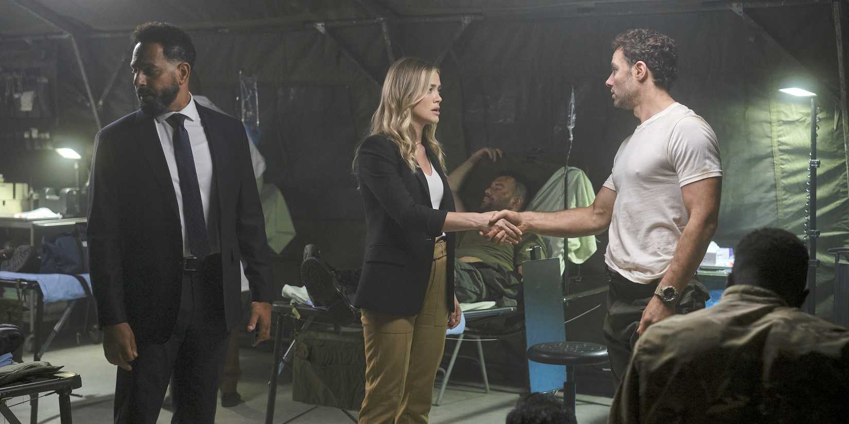 Patrick Sabongui as Ryan Hassani, Melissa Roxburgh as Rebecca ‘Bex’ Henderson, and Josh McKenzie as Shane Florence in The Hunting Party season 1, episode 1