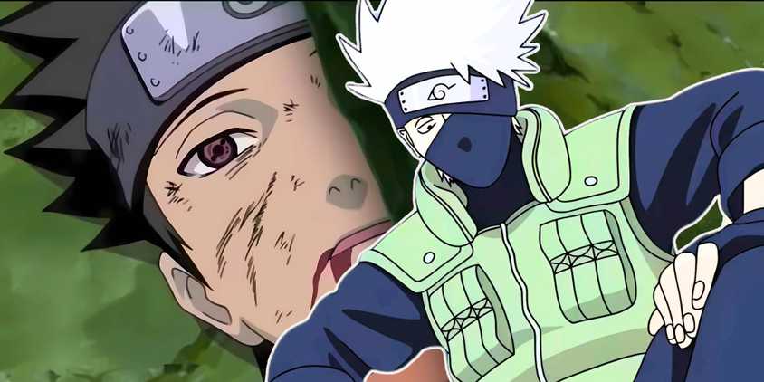 Obito Uchiha crusher by a rock as a background and Kakashi Hatake with his masked on