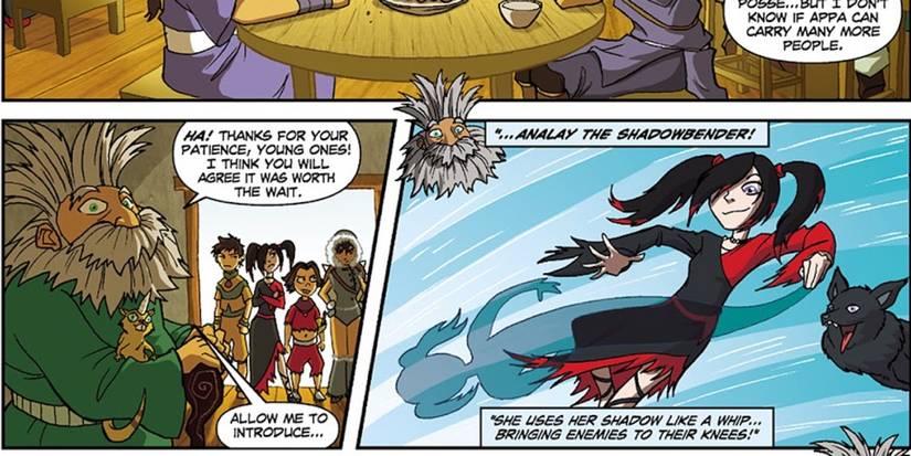 Old Man Yashi introduces Aang Toph Korra and Sokka to new benders with unique bending styles, including Analay the shadowbender
