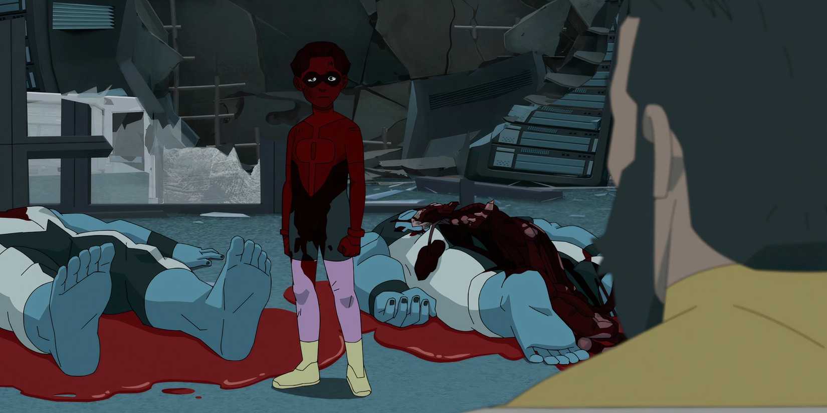Oliver / Kid Omni-Man covered in blood, standing in front of the dead Mauler Twins while looking at The Immortal in Invincible