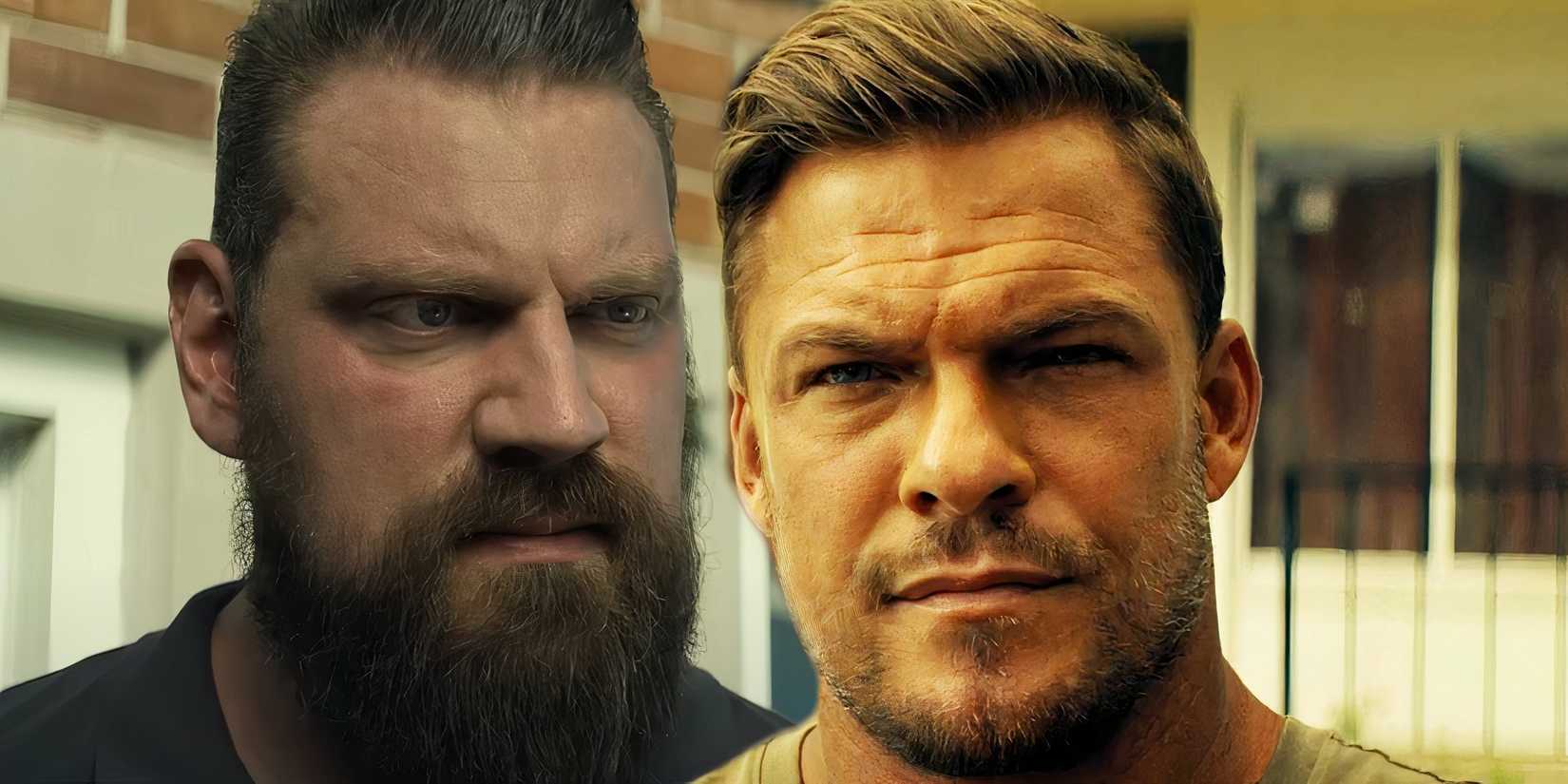 Olivier Richters as Paulie looking serious next to Alan Ritchson as Jack Reacher looking serious in Reacher season 3