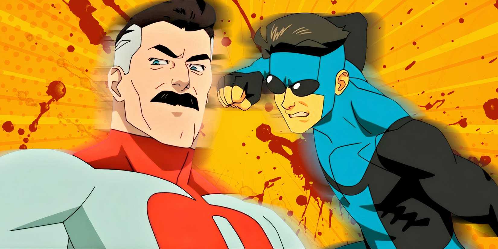 Omni-Man with a menacing stare next to Mark Grayson growling with blood around him in Invincible