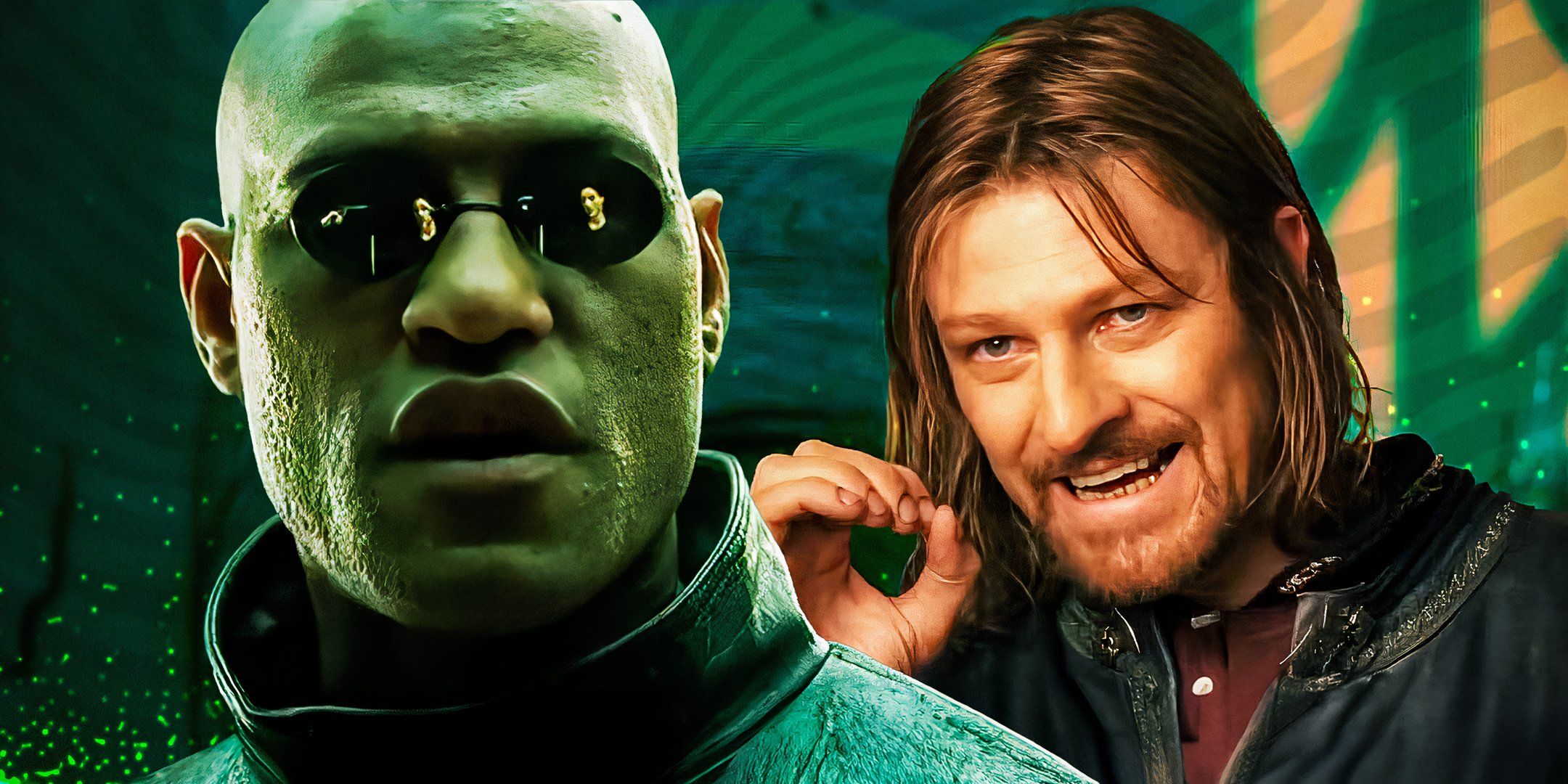 Laurence Fishburne as Morpheus in The Matrix and Sean Bean as Boromir in The Lord of the Rings: The Fellowship of the Ring.