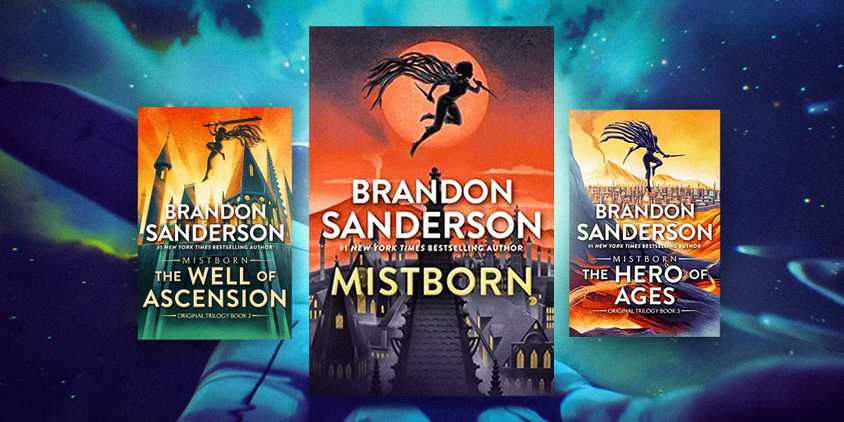 The covers of The Well of Ascension, Mistborn: The Final Empire, and The Hero of Ages by Brandon Sanderson