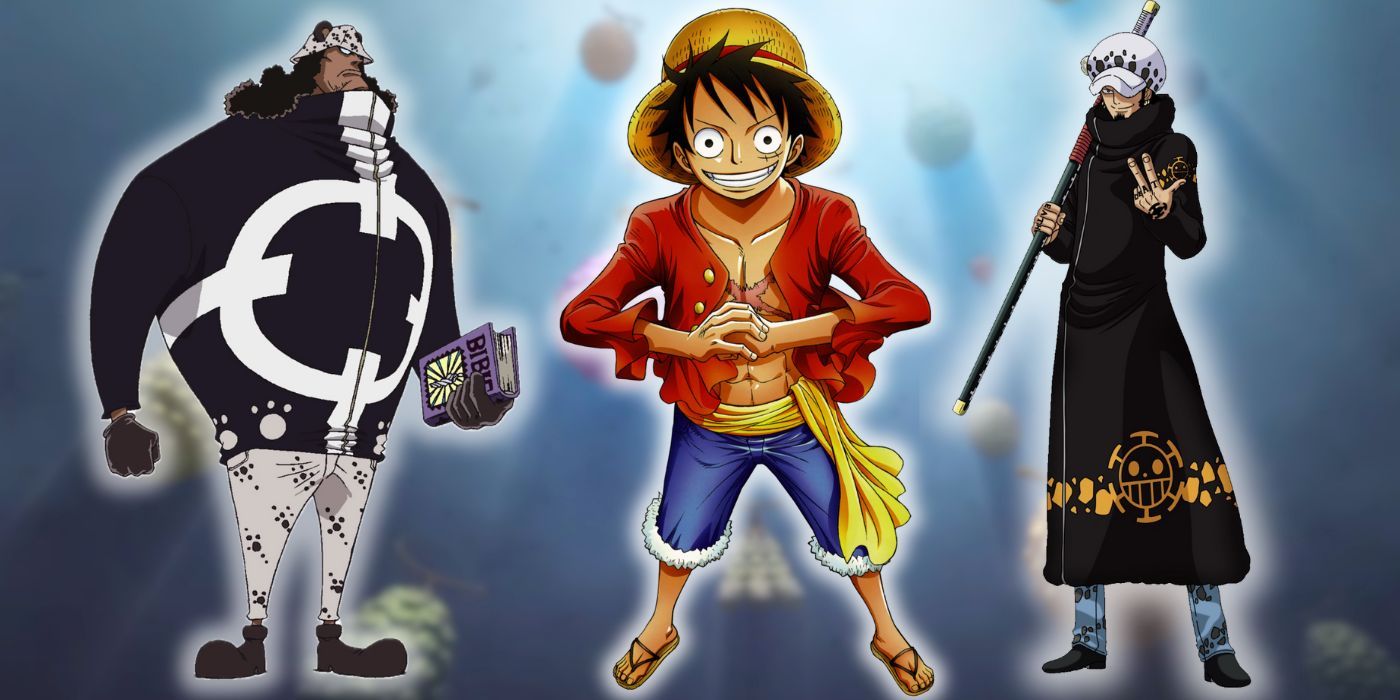 Kuma, Luffy, and Law in front of Devil Fruits