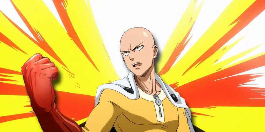 Saitama in front of a yellow and red explosion, raising his fist.
