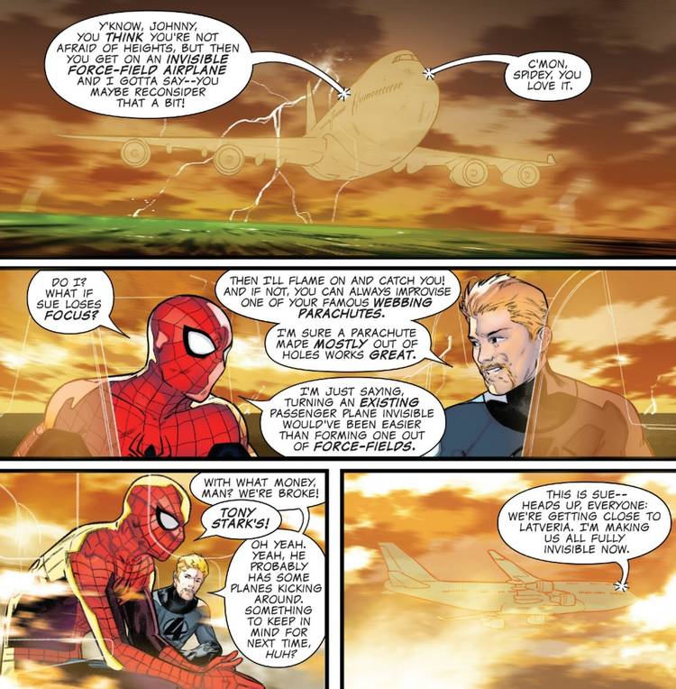 One World Under Doom 1 Invisible Woman flies the heroes to Latveria in an invisible force field airplane as Spider-Man and Human Torch discuss it