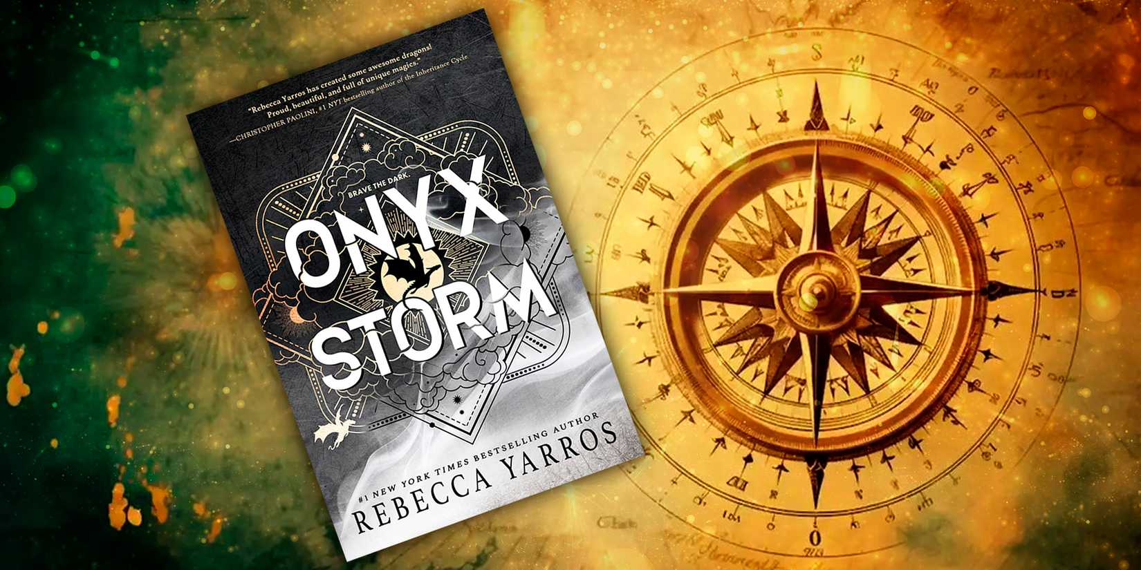 Onyx Storm cover and a compass as the background
