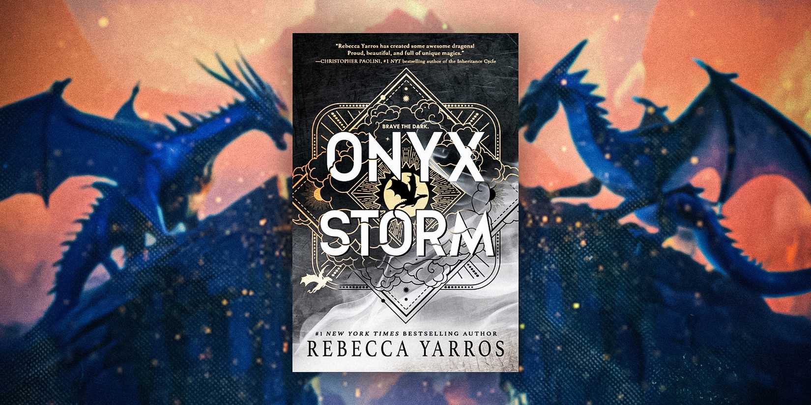 The cover of Onyx Storm by Rebecca Yarros with a background featuring blue dragons on a rock and a pink sky