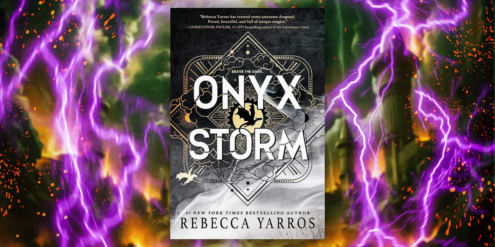 The cover of Onyx Storm by Rebecca Yarros and a background featuring a dark sky, fire, and purple lightning