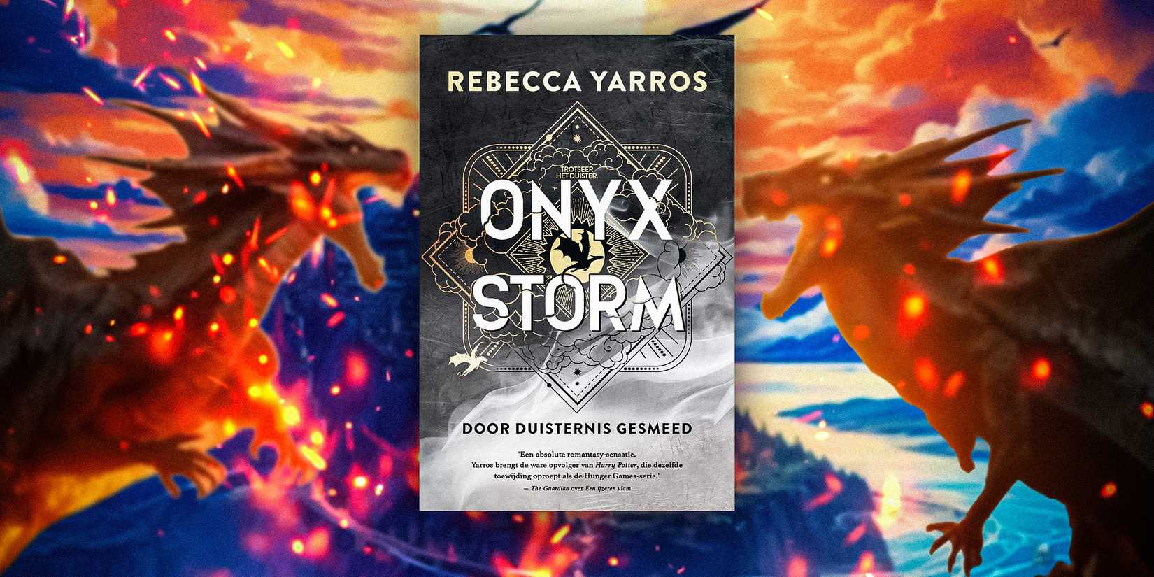 Onyx Storm cover and two dragons against a colorful sky