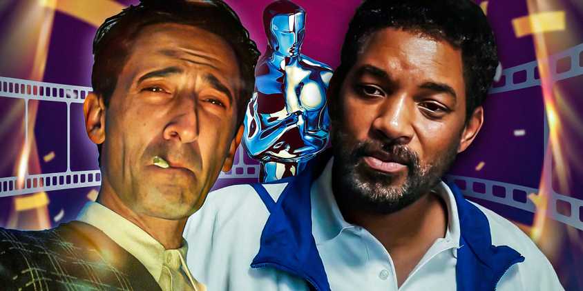Adrien Brody in The Brutalist and Will Smith in King Richard with an Oscar trophy