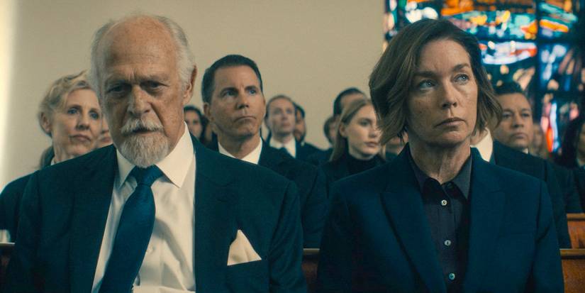 Kane (Gerald McRaney) and Sinatra/Samantha (Julianne Nicholson) at Cal's funeral in Paradise (2025) Season 1 Ep 5