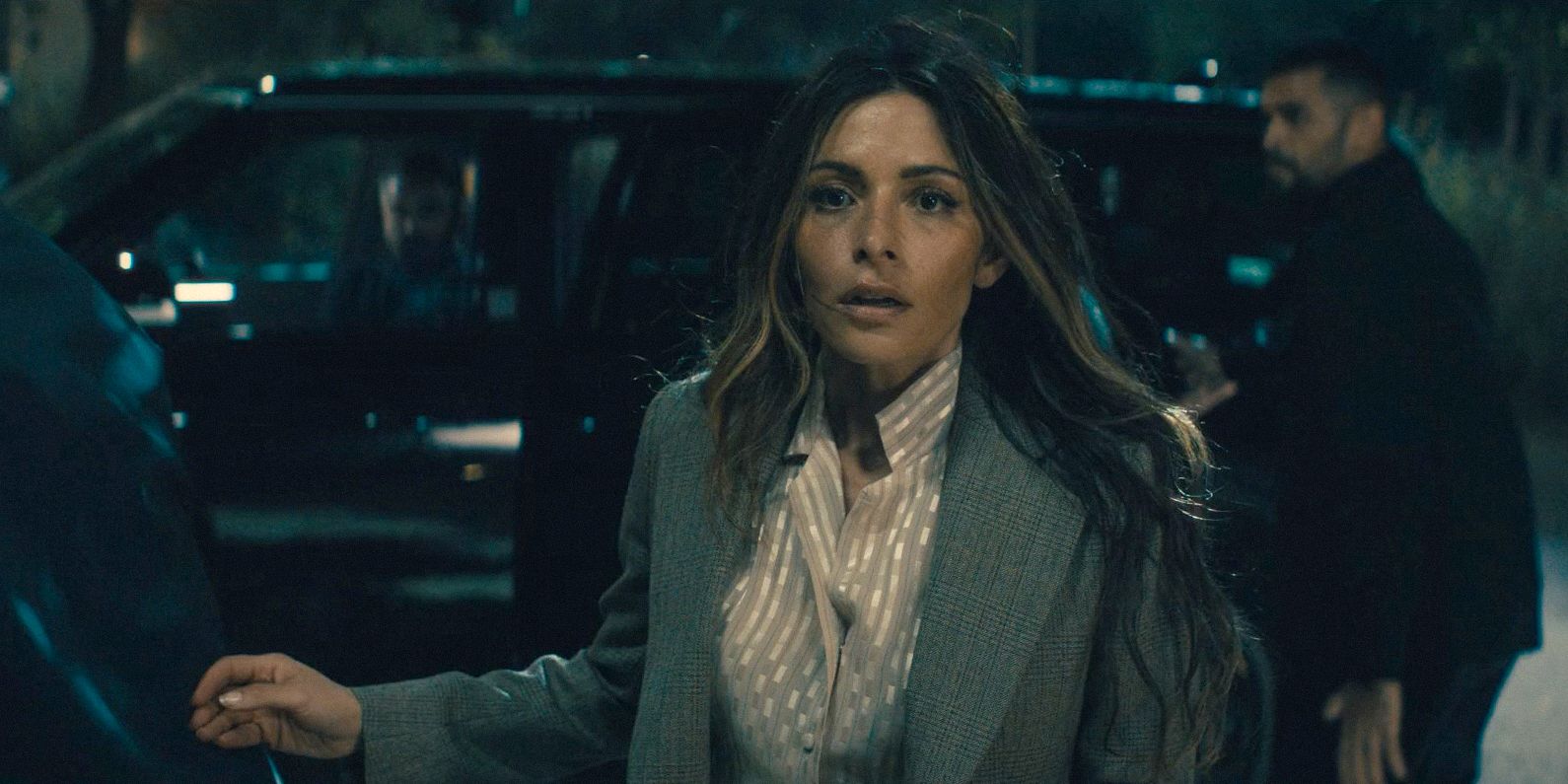 Gabriela (Sarah Shahi) looking scared after the dome&rsquo;s restart in Paradise (2025) Season 1 Ep 6