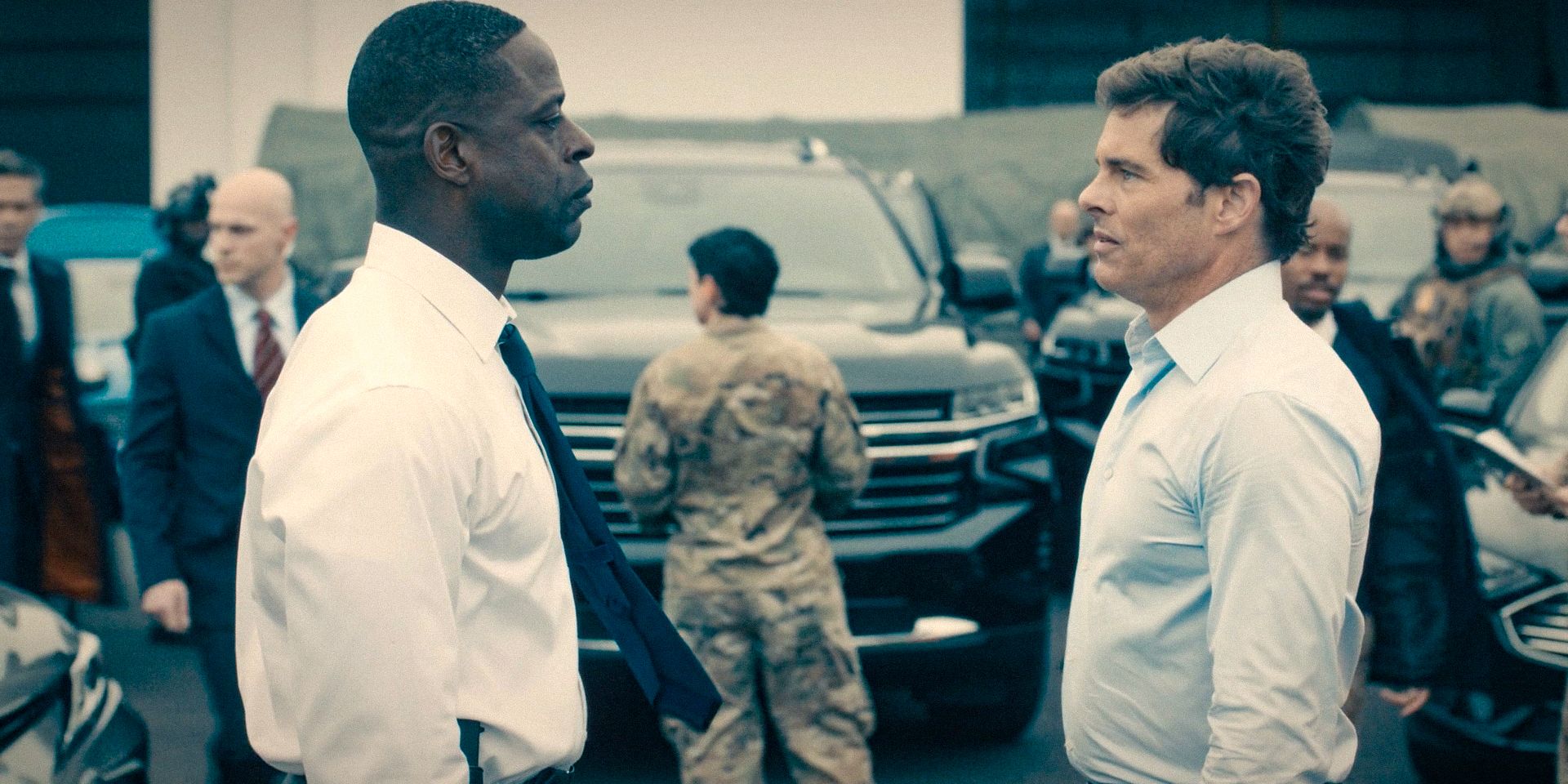 Xavier (Sterling K. Brown) faces Cal (James Marsden) for not saving his wife from the catastrophe in Paradise (2025) Season 1 Ep 7