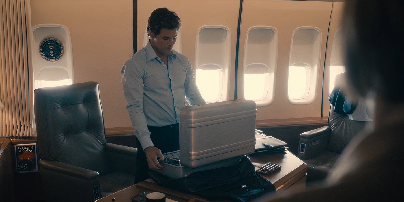 President Bradford (James Marsden) looking at nuclear football in episode 7 of Paradise