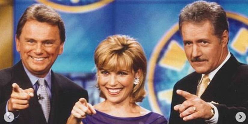 Pat Sajak, Vanna White, and Alex Trebek pointing their fingers on Wheel of Fortune.