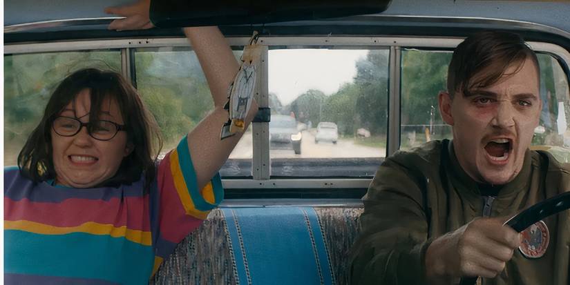 Patty and Simon screaming excitedly in a pickup truck in Dinner In America