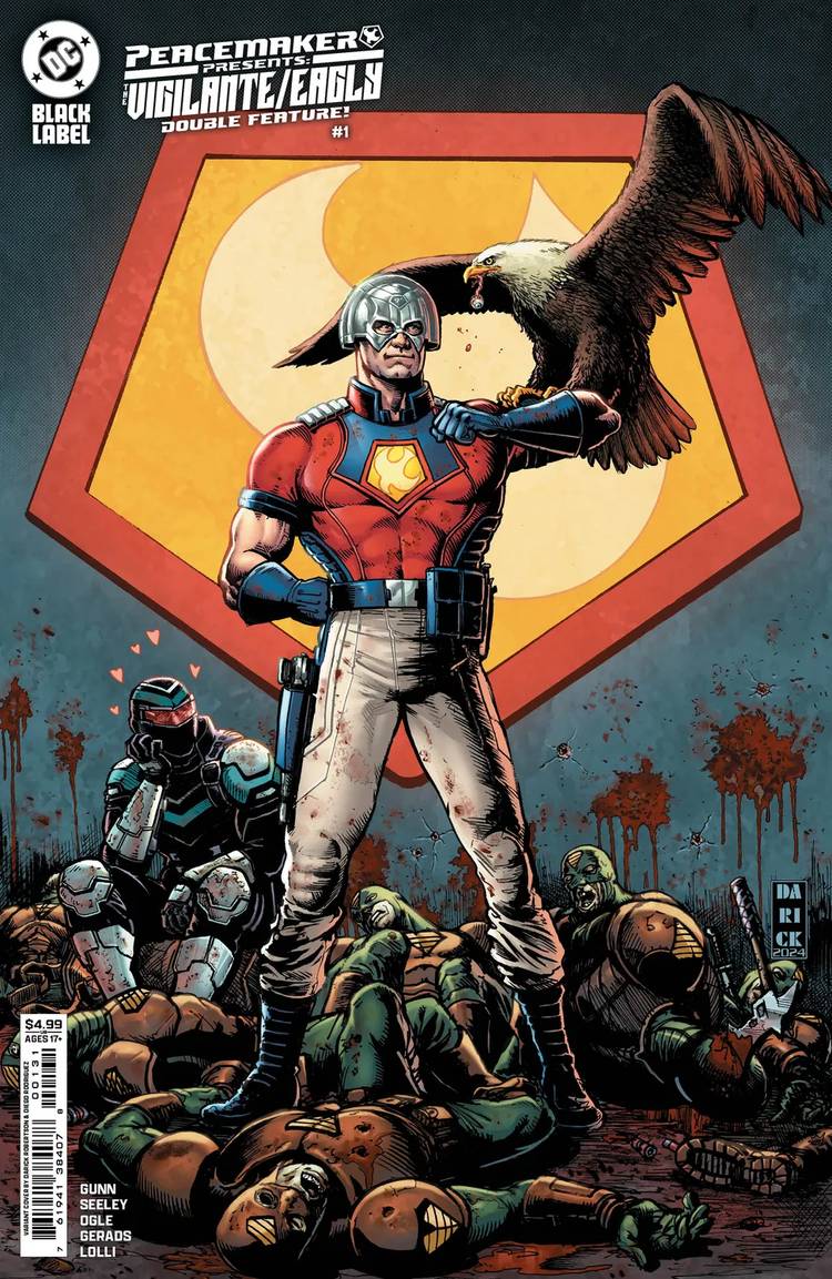 Peacemaker stands atop a pile of bad guys' bodies, looking majestic with Eagly on his arm, while Vigilante stares on in awe from behind.